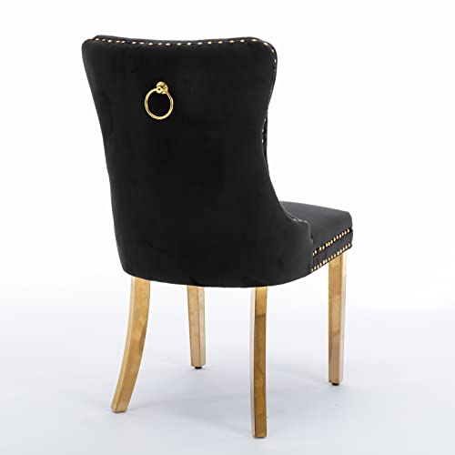 Solid Wood Velvet Upholstered Dining Chair with Golden Stainless Steel Plating Legs,Contemporary Design W/Nailhead Trim,Set of 2,for Living Room,Apartment,Black and Gold