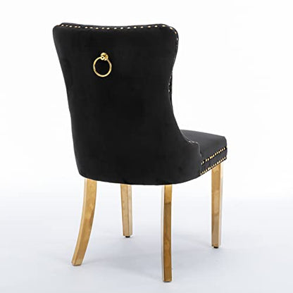Solid Wood Velvet Upholstered Dining Chair with Golden Stainless Steel Plating Legs,Contemporary Design W/Nailhead Trim,Set of 2,for Living Room,Apartment,Black and Gold