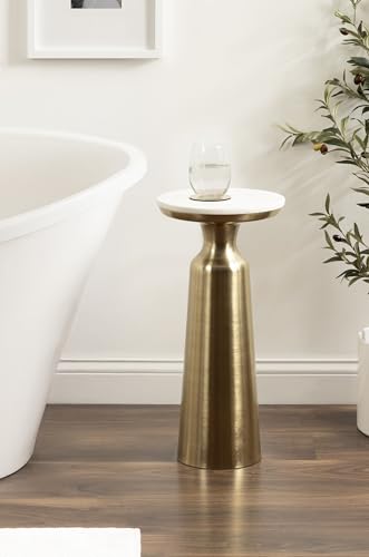 Cardina Glam Marble Round Drink Table, 10 x 10 x 22, White Marble and Gold, Modern Marble Top Circle Mini Table for Use as a Small Bedroom Nightstand or Living Room Plant Stand Option