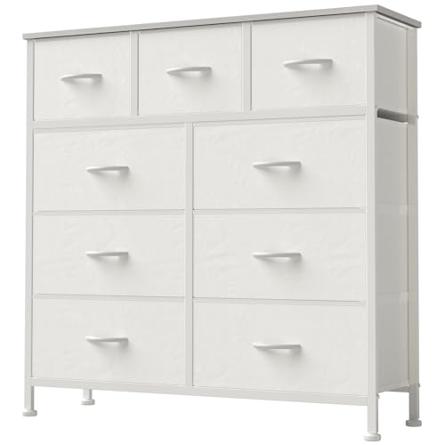 Dresser for Bedroom, Storage Organizer with 9 Drawers, Chest of Drawers with Fabric Bins, Sturdy Metal Frame, Wood Tabletop for Guest Room, Closet, Entryway, White