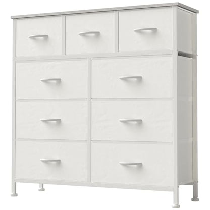 Dresser for Bedroom, Storage Organizer with 9 Drawers, Chest of Drawers with Fabric Bins, Sturdy Metal Frame, Wood Tabletop for Guest Room, Closet, Entryway, White