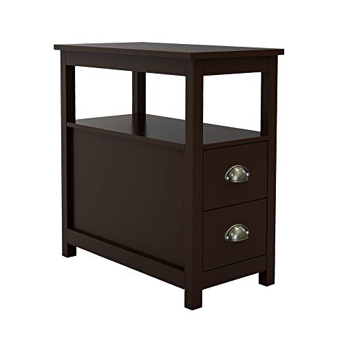Narrow End Table with 2 Drawers and 1 Open Shelf Space Bedside Table, Retro Side Table for Living Room Bedroom Home Furniture Side Table (Brown)