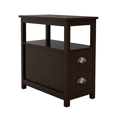 Narrow End Table with 2 Drawers and 1 Open Shelf Space Bedside Table, Retro Side Table for Living Room Bedroom Home Furniture Side Table (Brown)