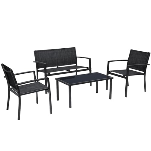 4 Pieces Patio Furniture Set Outdoor Conversation Textilene Fabric Chairs for Lawn, Garden, Balcony, Poolside with A Glass Coffee Table, Black
