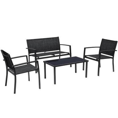 4 Pieces Patio Furniture Set Outdoor Conversation Textilene Fabric Chairs for Lawn, Garden, Balcony, Poolside with A Glass Coffee Table, Black