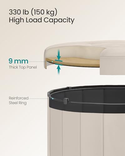SONGMICS Mazie Collection - Round Storage Ottoman, Folding Footrest Stool with Removable Lid, Easy Assembly, Velvet Vanity Stool for Bedroom, Living Room, Entryway, Cappuccino Beige ULSF608L01