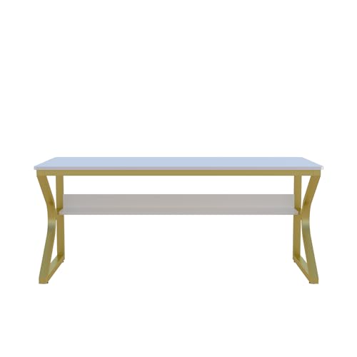 Extra Long Desk with Bookshelf - 63" Double Long Writing Table for 2-Person Workstation, Modern Study Work Computer Desk for Home and Office, Gold