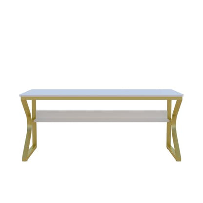Extra Long Desk with Bookshelf - 63" Double Long Writing Table for 2-Person Workstation, Modern Study Work Computer Desk for Home and Office, Gold