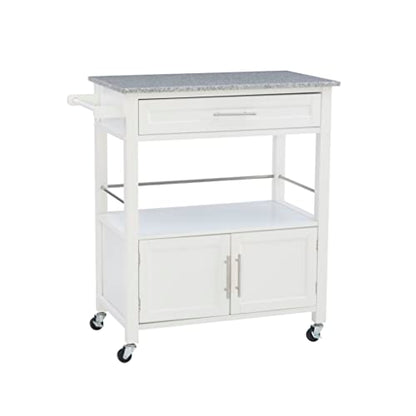 Kyler White Granite Topped Kitchen Cart with Lockable Casters and Hidden Storage Spaces