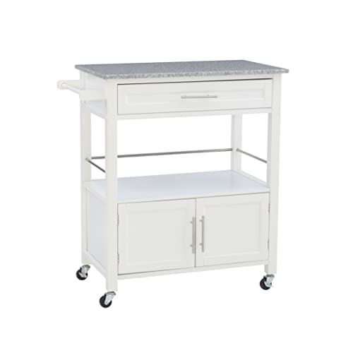 Kyler White Granite Topped Kitchen Cart with Lockable Casters and Hidden Storage Spaces