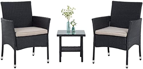 PayLessHere 3 Piece Furniture Patio Chairs Wicker Outdoor Rattan Conversation Bistro Set for Backyard Porch Poolside Lawn (Black)