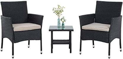 PayLessHere 3 Piece Furniture Patio Chairs Wicker Outdoor Rattan Conversation Bistro Set for Backyard Porch Poolside Lawn (Black)