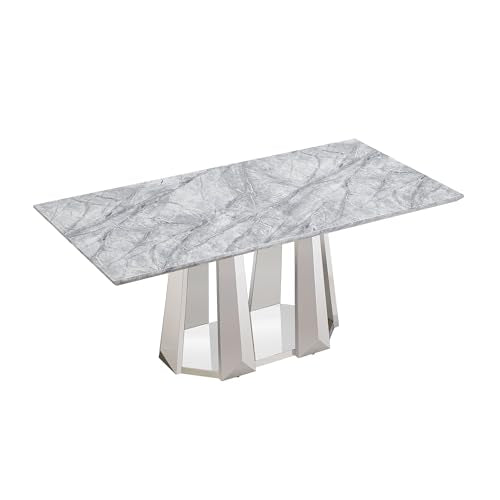 Marble Dining Table for 6 People, 70'' Rectangle Faux Marble Dining Table with Mirrored Stainless Steel Base, Large Size Marble Kitchen Table (Silver,Grey)(only Table)