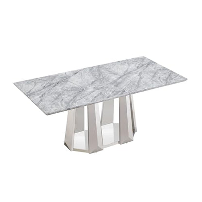 Marble Dining Table for 6 People, 70'' Rectangle Faux Marble Dining Table with Mirrored Stainless Steel Base, Large Size Marble Kitchen Table (Silver,Grey)(only Table)