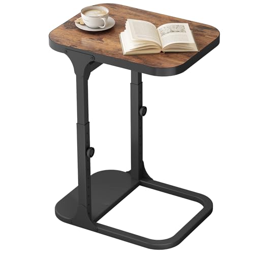 Ultra Stable & Durable End Table, Ajustable Height C Shaped Side Table for Couch, Sofa Side Table with Thickened Metal Frame for Living Room, Bedroom, Rustic