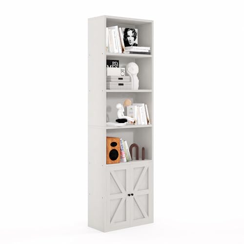 6 Tier 71" Tall Wooden Bookshelf&Bookcase with Doors, Storage Shelves Organizer, Floor Standing Modern Display Cabinet Shelves, Home Decor Furniture for Home Office, Living Room, Bedroom, White