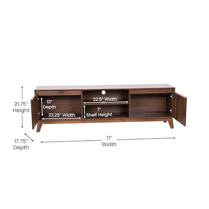 Hatfield Mid-Century Modern TV Stand For 65+ Inch TV's - Walnut Laminate Finish - 70 Inch Media Center - Adjustable Center Shelf - Soft Close Doors