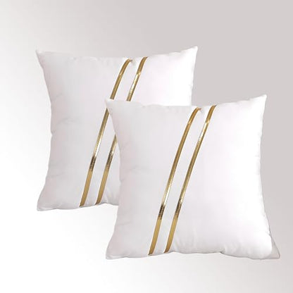 Gyulin Pack of 2,18x18 Inch Velvet Boho Throw Pillow Covers with Gold Leather Striped Stitching Modern Minimalist Square Pillowcase Cushion Covers for Bedroom Sofa Couch Living Room, White