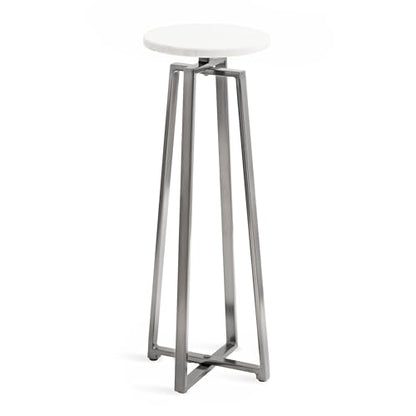 Zia Modern Marble Round Drink Table; 9 x 9 x 23; White and Gray Gunmetal; Decorative Pedestal Table for Living Room Display and Storage