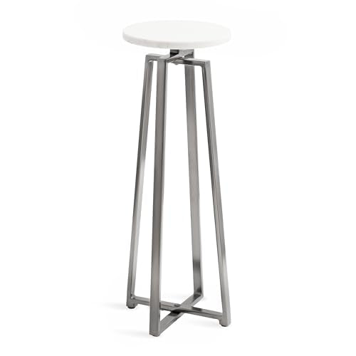 Zia Modern Marble Round Drink Table; 9 x 9 x 23; White and Gray Gunmetal; Decorative Pedestal Table for Living Room Display and Storage