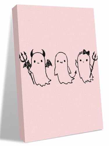 NuYeBiofx Spooky Halloween Ghost on Pink Canvas Wall Art Prints,30"x20" Framed Picture Artwork Cute Black Sketch Printed Canvas Oil Painting for Living Room Bedroom Office,Ready to Hang