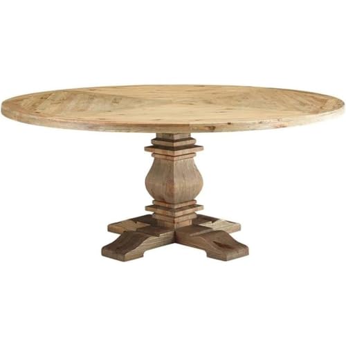 71-Inch Round Farmhouse Dining Table Rustic Solid Pine Wood Sturdy Pedestal Base Brown Finish Classic Vintage Style for Family Meals Modern Country Chic Home Furniture