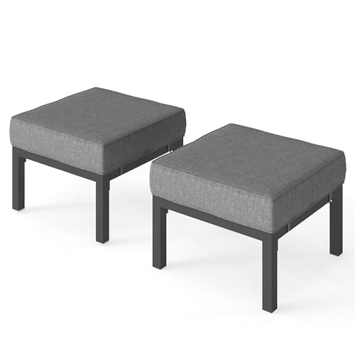 Outdoor Footstools Patio Ottoman Set of 2, Aluminum All-Weather Outdoor Footrest Seat with Removable Cushions, Patio Furniture Ottomans for Garden, Backyard, Poolside-Gray