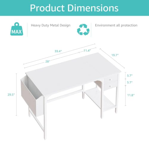 White Small Desk with Drawers, 40 Inch Computer Desk for Small Space Home Office, view 4