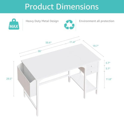 White Small Desk with Drawers, 40 Inch Computer Desk for Small Space Home Office, view 4