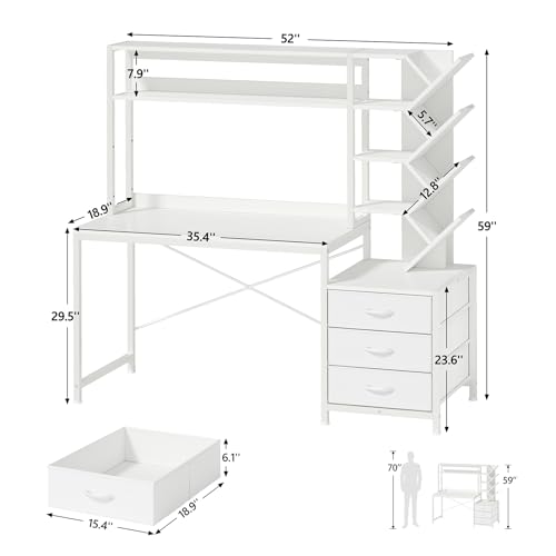 Reversible Computer Desk with Hutch, Home Office Desk with Drawers and Bookshelf, 52'' Study Writing Desk with Storage Shelves for Bedroom Home Office, White