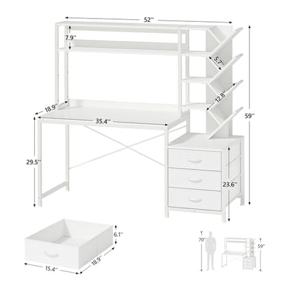 Reversible Computer Desk with Hutch, Home Office Desk with Drawers and Bookshelf, 52'' Study Writing Desk with Storage Shelves for Bedroom Home Office, White