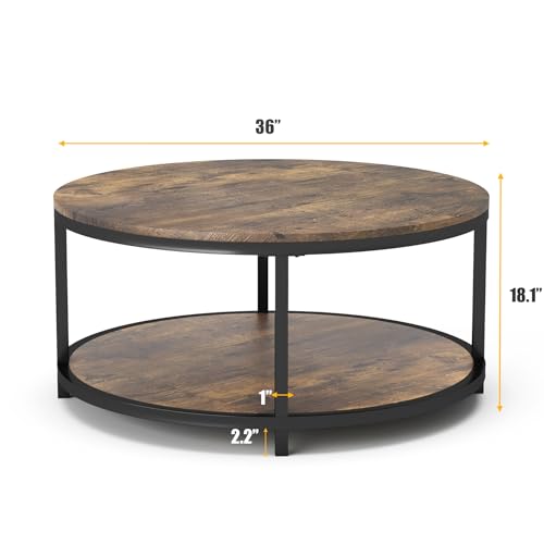 36 inches Round Coffee Table, Rustic Wooden Surface Top & Sturdy Metal Legs Industrial Sofa Table for Living Room Modern Design Home Furniture with Storage Open Shelf (Brown)