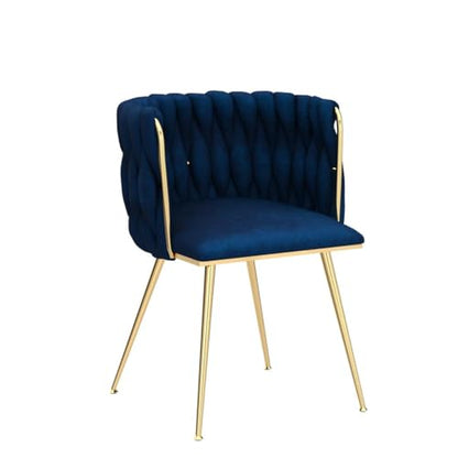Modern Velvet Dining Chairs Hand Weaving Accent Chairs Living Room Chairs Upholstered Side Chair with Golden Metal Legs for Dining Room Kitchen Vanity Living Room (Navy)