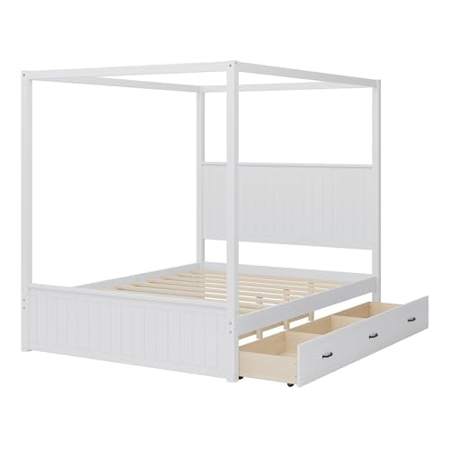 Queen Size Canopy Bed with Trundle and 3 Storage Drawers, view 6