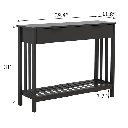 Black Narrow Console Table with Drawer Storage Shelf, Modern Wooden Entryway Sofa Table, 39 Inch Slim Behind Couch Table, Side Display Console Table for Living Room,Office,Black
