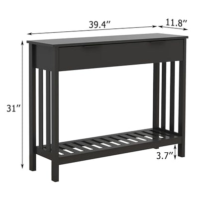 Black Narrow Console Table with Drawer Storage Shelf, Modern Wooden Entryway Sofa Table, 39 Inch Slim Behind Couch Table, Side Display Console Table for Living Room,Office,Black