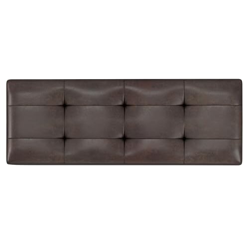 Shay 48 inch Wide Mid Century Modern Rectangular Storage Ottoman in Distressed Chestnut Brown Vegan Faux Leather, Assembled, For the Living Room, Entryway and Family Room