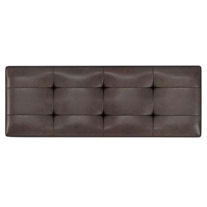 Shay 48 inch Wide Mid Century Modern Rectangular Storage Ottoman in Distressed Chestnut Brown Vegan Faux Leather, Assembled, For the Living Room, Entryway and Family Room