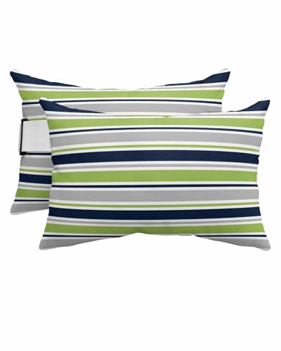 Pack of 2 Outdoor Lumbar Pillow Covers 12x20 Inch, Green Gray Striped Waterproof Throw Pillow Covers Set, Farmhouse Stripes Modern Abstract Art Outside Decorative Cushion Cases for Patio Porch Car