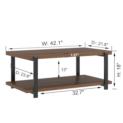 Modern Coffee Table with Storage Shelf, Rustic Wood Center Table for Living Room, Walnut