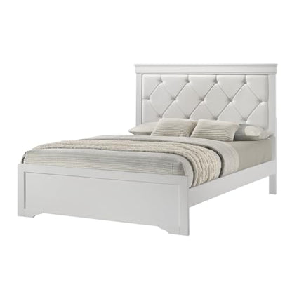 Trending Large White Finish Queen Size Panel Bed with Crystal-Like Button Tufted Headboard for Modern Bedroom Furniture
