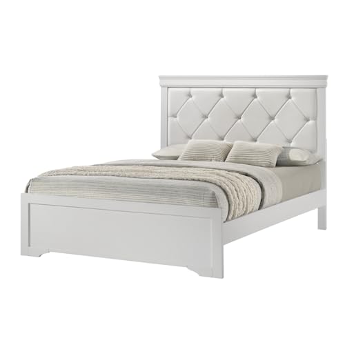 Trending Large White Finish Queen Size Panel Bed with Crystal-Like Button, view 2