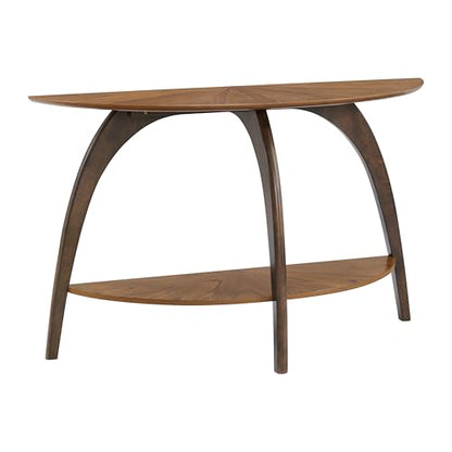 Retro Mid-Century Modern Half-Moon Wood Sofa Table with Lower Shelf, Console Table for Living Room or Entryway. Nutmeg Brown Top with Espresso Brown Legs