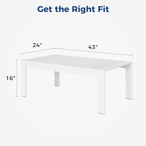 Aluminum Outdoor Furniture Patio Coffee Table, All-Weather Outdoor Metal Coffee Table, Modern Rectangle Coffee Table for Balcony, Garden, White
