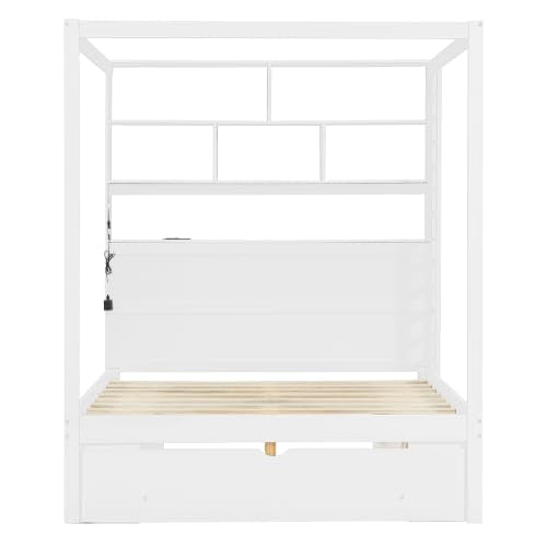 Full Size Wooden Canopy Bed Frame with Bookcase Headboard,USB Outlets, view 7