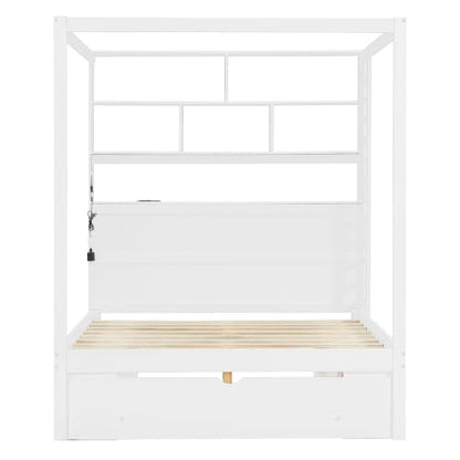Full Size Wooden Canopy Bed Frame with Bookcase Headboard,USB Outlets, view 7