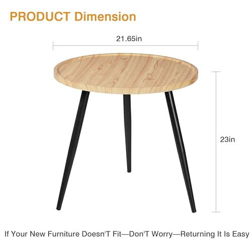 Modern Side Table, Round Small End Table, Exclusively Designed Hand-Crafted Small Nightstand, Solid Wood,Natural top with Black Metal Legsfor Bedrooms, Living Rooms and Home Office
