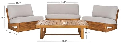 SAFAVIEH Outdoor Patio Furniture - Dune 4-Piece Set - Sand & Light Grey - Acacia Wood - Rustic, Conversation Set with Detachable Cushion Covers - Ideal for Patio, Deck, Porch, Backyard (PAT9516B-KIT3)