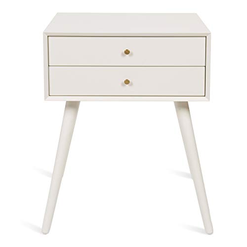 Finco Midcentury Modern Style Side Table with 2 Drawers, White Finish with Brass Hardware