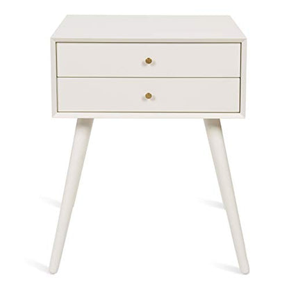 Finco Midcentury Modern Style Side Table with 2 Drawers, White Finish with Brass Hardware